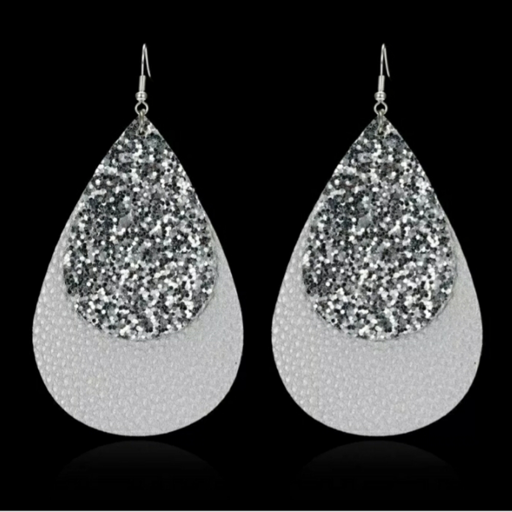 Sparkly and leather white earrings